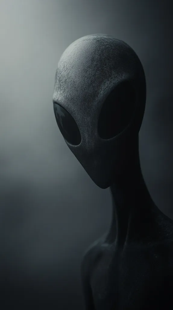 A grayscale close-up depicts a seemingly extraterrestrial being.  Its head is large and elongated, featuring large, dark eyes and a smooth, subtly textured surface. The figure's body is obscured by shadow and mist, creating a mysterious and somewhat ominous atmosphere. The overall image suggests a science fiction or horror theme.