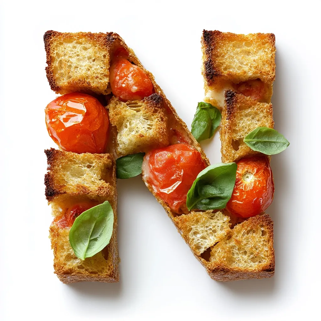 The letter "N" is crafted from toasted bread cubes, adorned with halved cherry tomatoes and fresh basil leaves.  The arrangement mimics a bruschetta-style presentation, creating a visually appealing and appetizing letter form.  The bread is golden brown, and the tomatoes are vibrant red, contrasting beautifully against the white background.