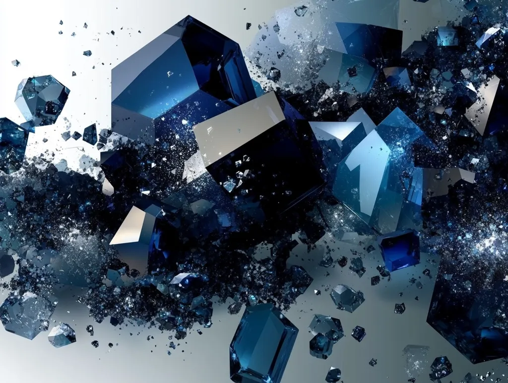 An abstract image depicts a chaotic explosion of dark blue, crystalline structures.  Sharp-edged, cube-like forms shatter and disperse, creating a dynamic sense of motion and fragmentation.  Smaller shards and glittering dust surround the larger pieces, suggesting an energetic burst or disintegration. The overall color palette is predominantly deep blue with hints of silver and grey.