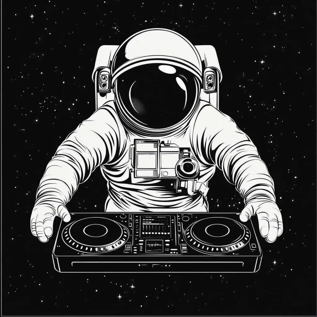 A black and white illustration depicts an astronaut in a spacesuit, hands poised over a DJ turntable.  The astronaut is centrally positioned against a backdrop of a star-filled night sky.  The style is reminiscent of vintage science fiction artwork with bold lines and strong contrasts. The image suggests a theme of space, music, and perhaps cosmic DJing.