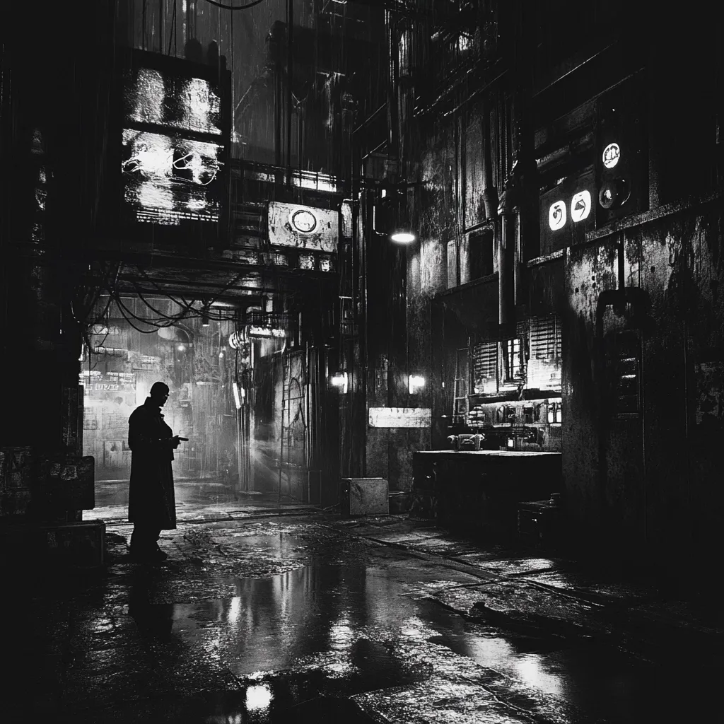A lone figure in a long coat stands silhouetted in a rain-slicked, dystopian alleyway.  The monochromatic image depicts a grimy, futuristic cityscape with aged buildings and exposed infrastructure.  Sparse lighting illuminates the wet ground, reflecting the city's bleak atmosphere. The man seems contemplative, adding to the scene's overall mood of mystery and isolation.