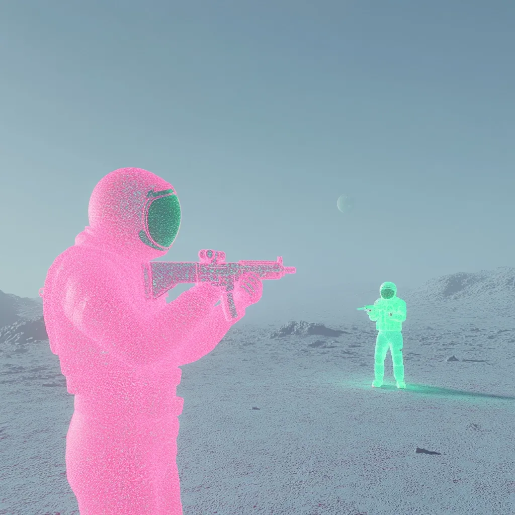 Two astronauts, rendered in pink and teal, face each other on a desolate, grey planet.  One aims a rifle at the other, creating a tense standoff under a pale sky.  A small moon hangs in the distance, emphasizing the isolation and alien landscape.  The stylized image suggests conflict or a desperate struggle for survival.