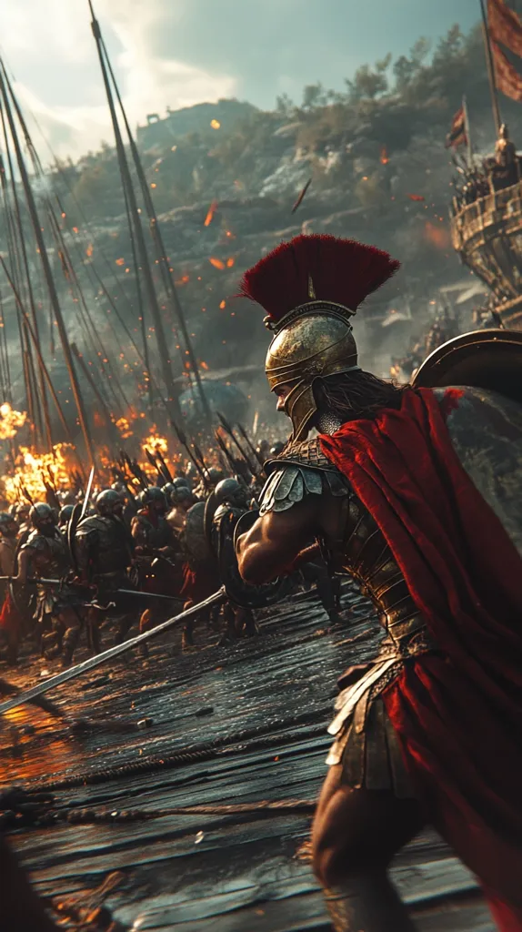 A powerful Spartan warrior, clad in gleaming golden armor and a flowing crimson cape, stands amidst a chaotic battlefield.  Flames erupt behind a mass of soldiers engaged in fierce combat.  The scene is set against a backdrop of a burning ship and a rocky landscape, capturing the intensity and brutality of ancient warfare. The warrior's focus is unwavering, his sword held ready.