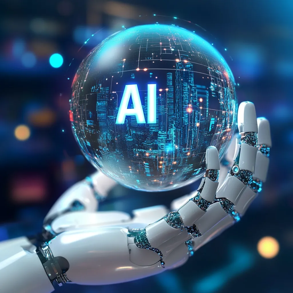 A robotic hand gently cradles a glowing orb.  The sphere displays the letters "AI" within a complex network of digital data, resembling a futuristic cityscape.  The image symbolizes the integration of artificial intelligence into modern technology and its global impact.  The scene is dark, highlighting the futuristic and advanced nature of AI.