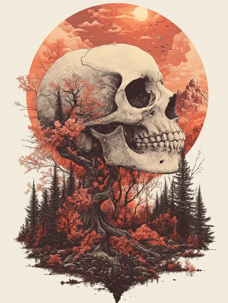 A detailed illustration depicts a skull forming the shape of a tree in a forest.  The skull's profile is prominent, gazing towards a distant, mountainous landscape under an orange-hued sky within a circular frame.  Crimson and dark brown tones dominate the forest scene, creating a moody, autumnal atmosphere.  The image blends elements of nature and mortality in a striking visual composition.