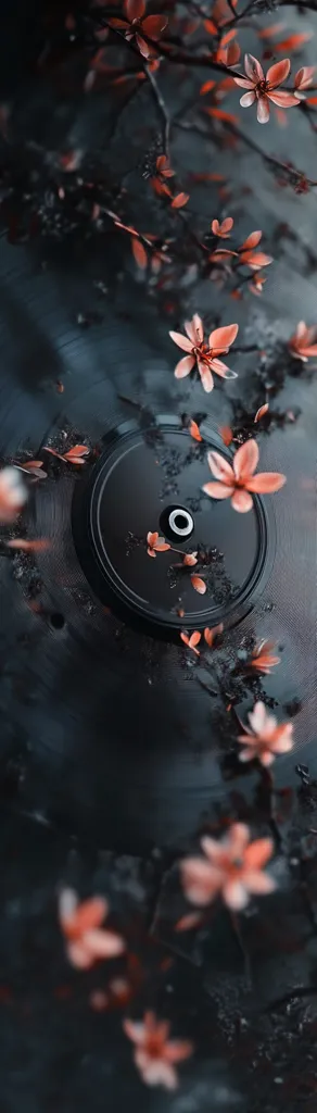 A dark, moody image features a vinyl record with delicate, coral-colored flowers scattered across its surface and falling from a branch above.  The flowers contrast beautifully against the deep black and dark gray tones of the record and background, creating a visually striking and evocative scene.  The overall effect is one of serene beauty and subtle mystery.
