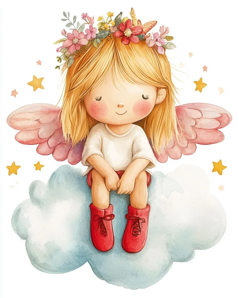 A watercolor illustration of a cute angel girl.  She has blonde hair adorned with a flower crown, rosy cheeks, and pink wings.  She's seated on a fluffy cloud, wearing red boots, and surrounded by small stars. The overall style is whimsical and charming, perfect for children's books or artwork.