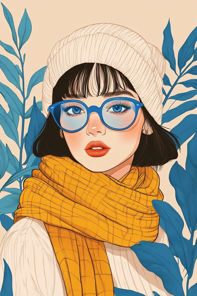A stylized illustration of a young woman with blue eyes and dark hair, wearing a cream-colored beanie, bright yellow scarf, and blue-rimmed glasses.  Her expression is serene. The background features stylized teal-blue leaves, providing a soft contrast to her warm-toned clothing. The art style is clean and features smooth lines, creating a minimalist yet expressive portrait.