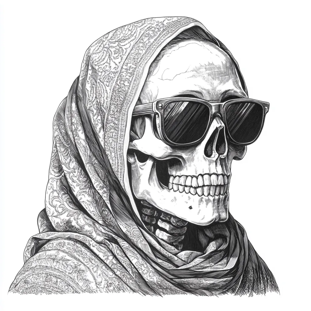 A detailed black and white illustration depicts a skull wearing sunglasses and a patterned headscarf.  The skull's features are meticulously rendered, showcasing the fine lines and textures of the bone structure. The headscarf drapes over the skull, its intricate design contrasting with the smooth surface of the sunglasses. The image has a strong graphic quality, suggestive of a print or tattoo design.
