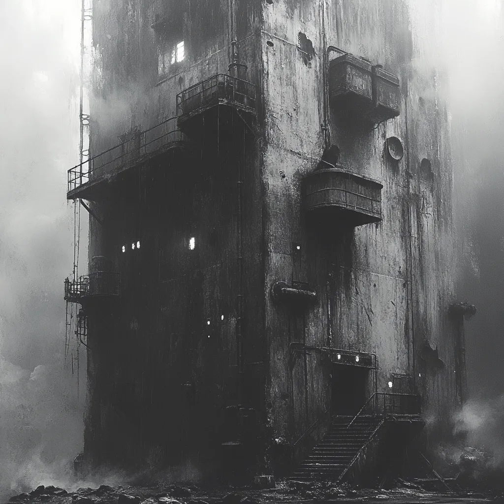 A desolate, monochrome image depicts a towering, decaying industrial structure shrouded in mist.  The building, possibly a derelict factory or silo, features multiple levels with external staircases and platforms.  Its weathered concrete walls are scarred and stained, hinting at age and neglect.  A few dimly lit windows pierce the darkness, adding to the ominous atmosphere. The scene evokes a sense of isolation and mystery.