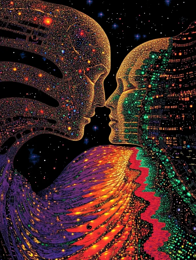 Two cosmic figures, rendered in vibrant, glittering particles, face each other against a dark, starry backdrop.  Their forms intertwine, merging into a swirling nebula of orange, purple, and green. The artwork evokes a sense of connection, unity, and the vastness of the universe, resembling a celestial embrace. The intricate detail and luminous colors create a mesmerizing and otherworldly effect.