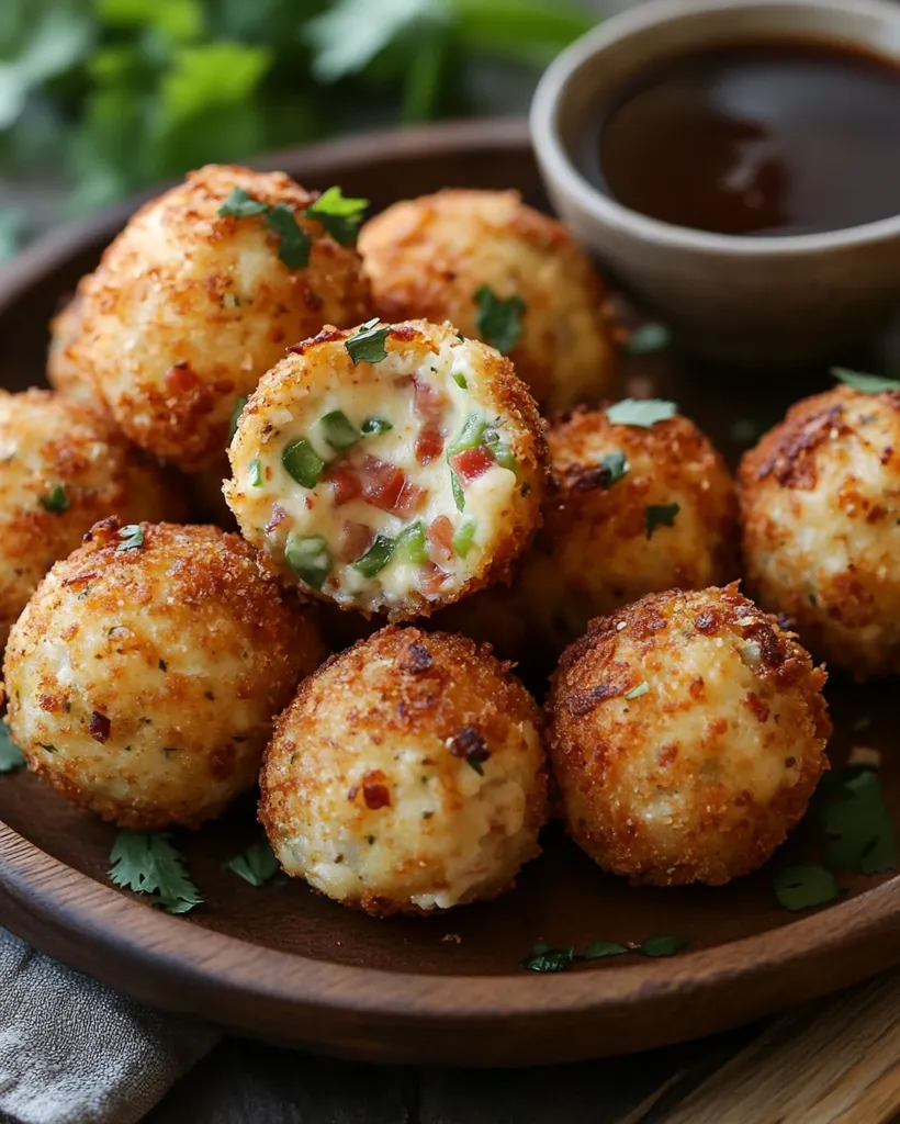 A wooden plate holds a stack of golden-brown, crispy risotto balls.  One is broken open, revealing a creamy interior with ham and green chilies.  A small bowl of dark brown sauce sits nearby, suggesting a dipping option.  Fresh cilantro sprigs garnish the dish.  The image evokes a feeling of warmth and deliciousness.