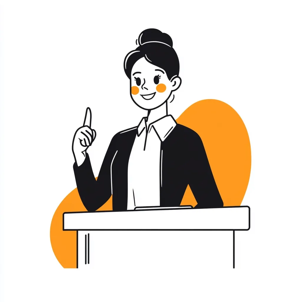 A simple line drawing of a woman with her hair in a bun, wearing a business suit, stands behind a podium.  She's smiling and pointing upwards with one finger, suggesting she's making a point or presenting an idea.  The background features a simple orange blob. The style is minimalist and clean.