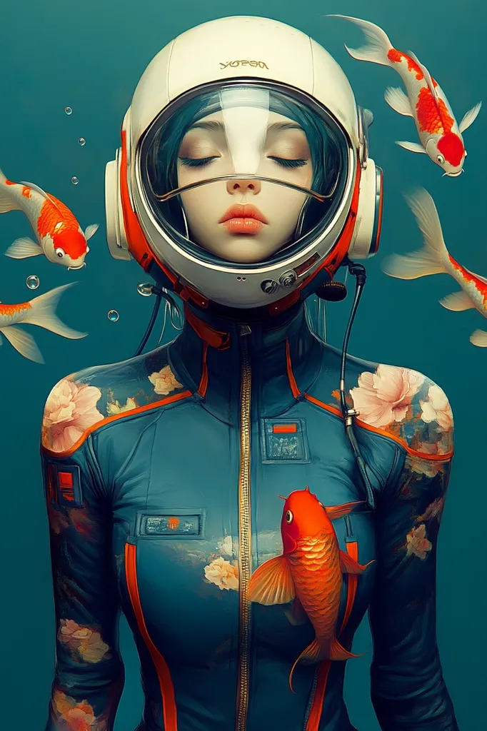 A serene digital painting depicts a woman wearing a futuristic, teal jumpsuit adorned with floral patterns.  She's encased in a white astronaut helmet, eyes closed, surrounded by vibrant orange koi fish.  The teal background contrasts with the warm tones of the fish and floral details, creating a dreamlike, tranquil atmosphere.  The overall style blends science fiction with a peaceful, underwater scene.