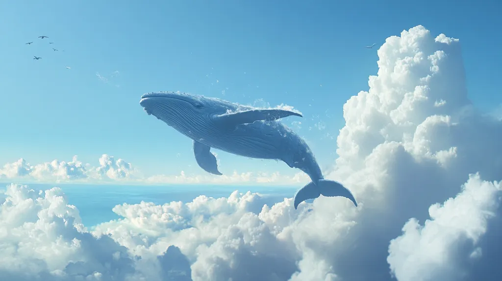 A surreal image depicts a large whale seemingly made of clouds, soaring through a bright blue sky filled with fluffy white clouds.  Small birds fly in the distance, adding to the dreamlike quality of the scene.  The whale appears weightless, gliding effortlessly amongst the clouds, creating a sense of wonder and tranquility. The overall mood is peaceful and ethereal.
