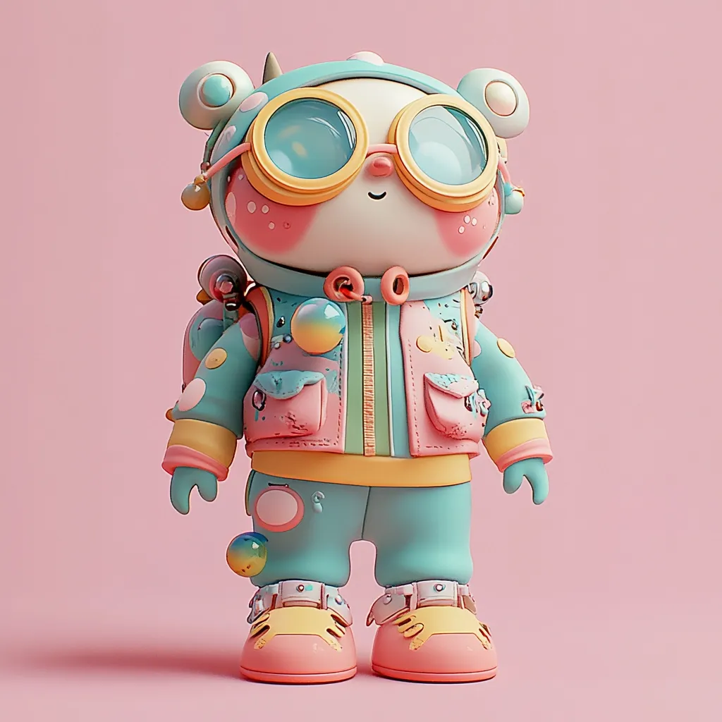 A cute, pastel-colored 3D rendered character resembling a bear or panda astronaut stands against a pink background.  It wears large, round goggles, a zipped-up jacket with pockets, and chunky shoes.  The outfit is decorated with polka dots, paint splatters, and small, colorful spheres. The character has a cheerful expression and carries a small backpack.  Its overall design is whimsical and playful.