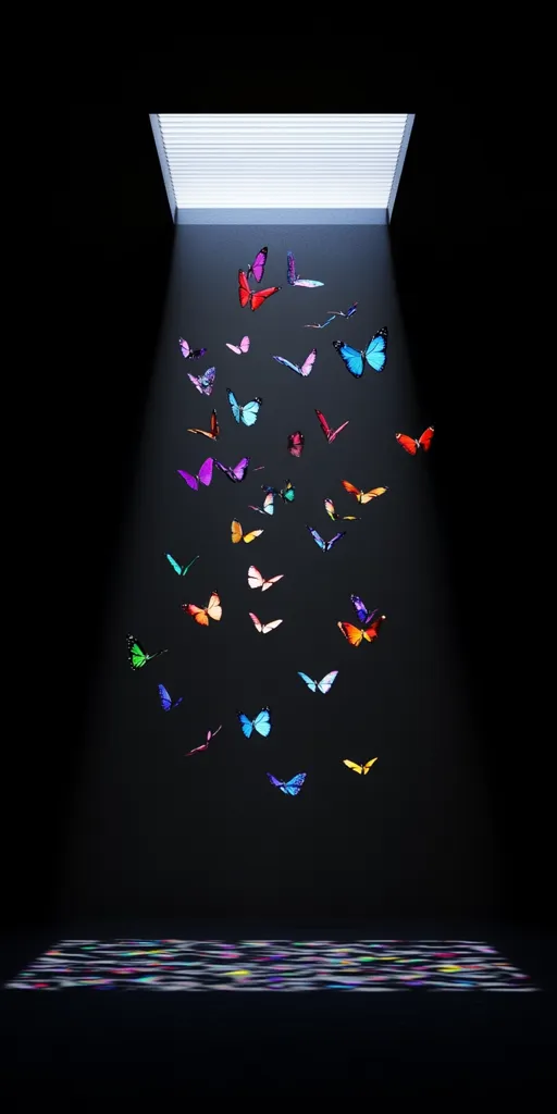 A dark room is illuminated by a bright rectangular opening above.  Numerous colorful butterflies of various sizes and hues flutter downwards, creating a vibrant, ethereal effect against the black background.  A patterned projection on the floor mirrors the butterflies' colors, suggesting a connection between the light source and the descending insects. The scene is both captivating and mysterious.