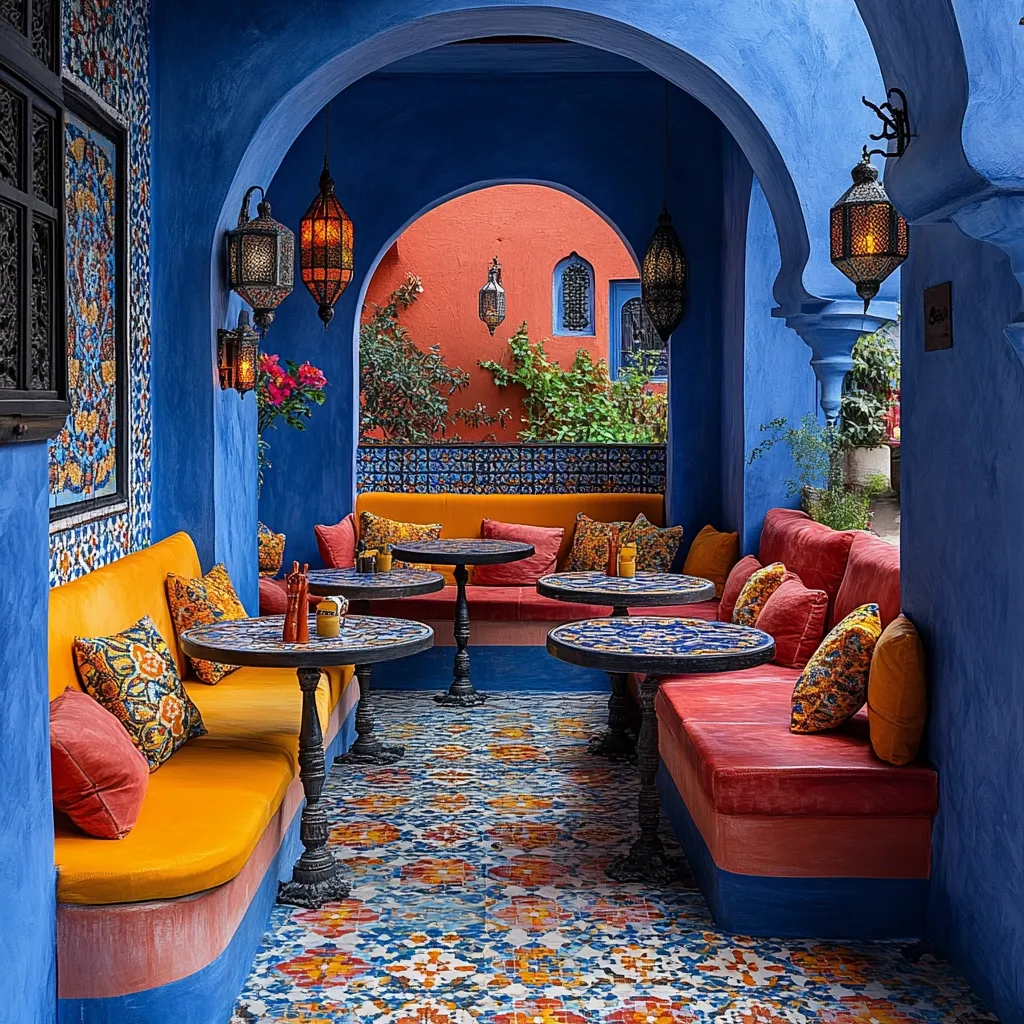 A vibrant outdoor seating area is nestled within a blue-hued arched passageway.  Richly colored, orange and red couches are adorned with patterned cushions, facing intricately tiled tables.  Hanging lanterns cast a warm glow, complementing the colorful mosaic floor and the terracotta building visible through the arch.  The overall aesthetic is luxurious and evocative of Moroccan design.