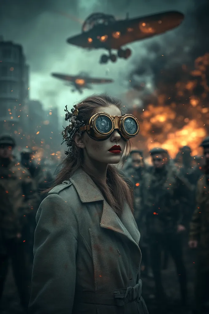 A woman in steampunk goggles stands amidst a war-torn city.  Flying machines hover overhead, flames erupt in the background, and soldiers surround her.  Her attire is a muted green trench coat, contrasting with the fiery destruction. The scene is dark and gritty, evoking a dystopian, alternate-history setting.  The woman's expression is serious, her gaze fixed forward, amidst the chaos.