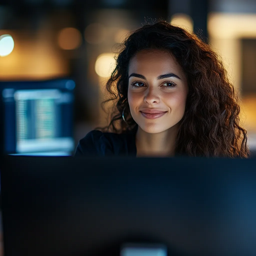 A young woman with long, curly brown hair smiles gently at the camera.  She's seated at a computer in a dimly lit room, the glow of screens reflecting slightly on her face.  The background is blurred, suggesting a busy office environment.  Her expression is one of contentment and focus, conveying a sense of calm productivity.