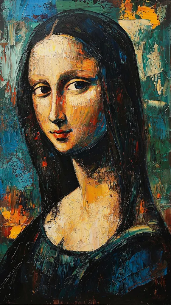 A vibrant, impasto-style oil painting depicts a woman resembling the Mona Lisa.  Her dark hair frames a face rendered with thick, textured brushstrokes in warm and cool tones. The background is a dynamic mix of blues, greens, and oranges, adding to the painting's expressive energy. The artist captures a captivating gaze and subtle smile, while the visible brushwork highlights the artistic process.