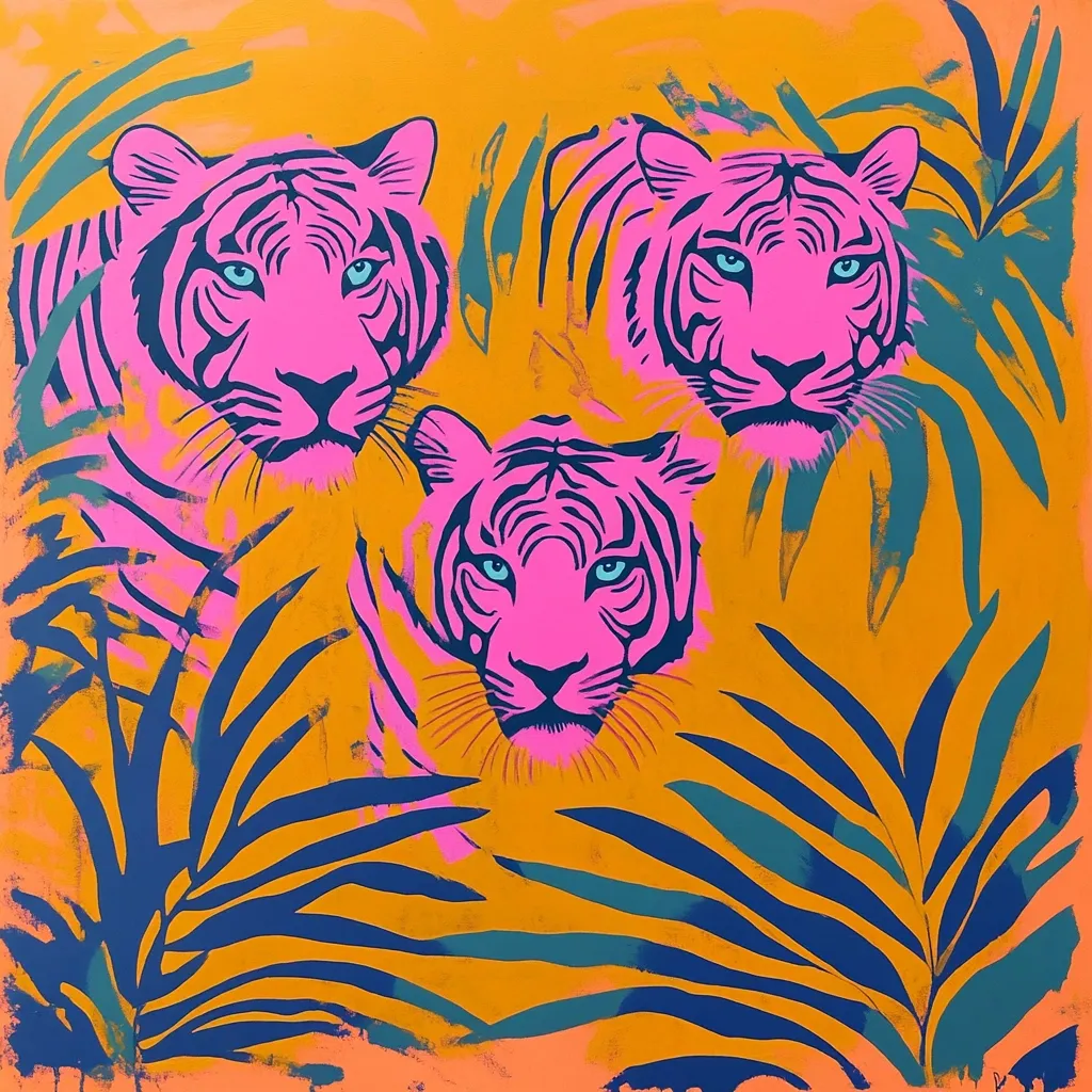 Three vibrant pink tigers are depicted in a bold, stylized artwork.  Their bright eyes and serious expressions contrast against a warm orange background filled with dark teal and blue tropical foliage. The tigers' forms are partially obscured by the lush leaves, creating a sense of mystery and depth. The overall style is graphic and bold, reminiscent of screen printing or stencil art.