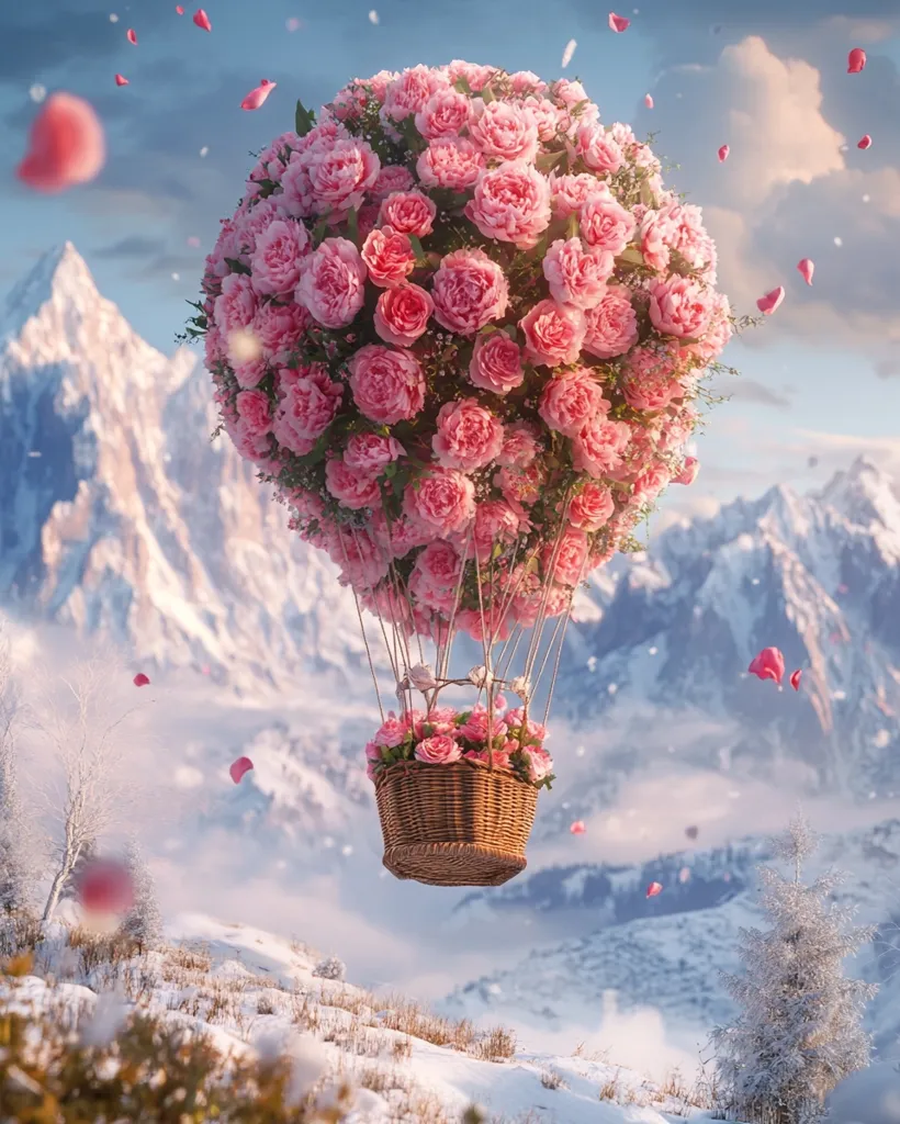 A whimsical hot air balloon crafted entirely of pink roses floats serenely above a snow-covered mountain range.  Delicate pink petals drift in the air, adding to the enchanting scene. The basket below is woven and filled with more roses, creating a magical and romantic image of breathtaking beauty.  The snowy peaks provide a stark, yet beautiful contrast to the vibrant floral balloon.