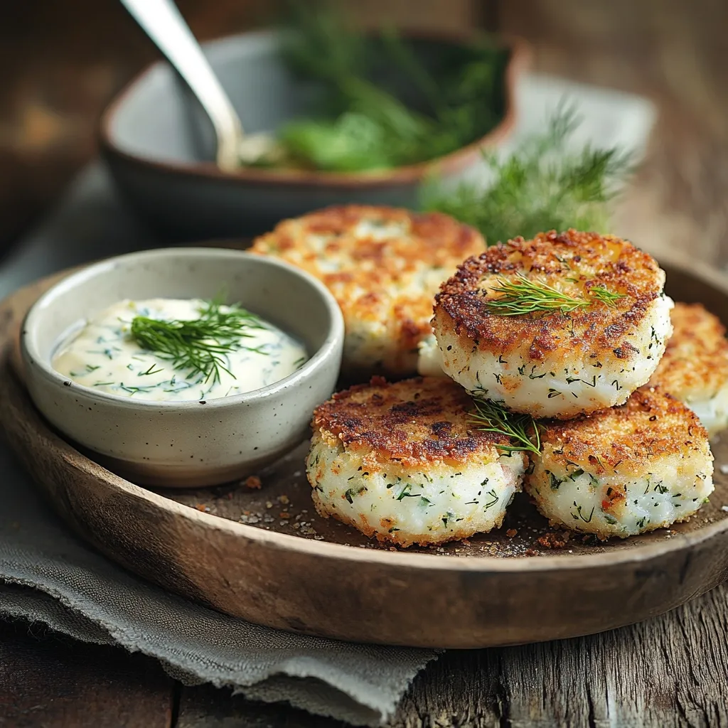 Four golden-brown fish cakes, delicately seasoned with dill, are artfully arranged on a rustic wooden platter.  A small bowl of creamy dill sauce sits beside them, adding a touch of vibrant green. The scene is set on a textured surface, creating a warm and inviting culinary image. The fish cakes appear crispy on the outside and soft on the inside.