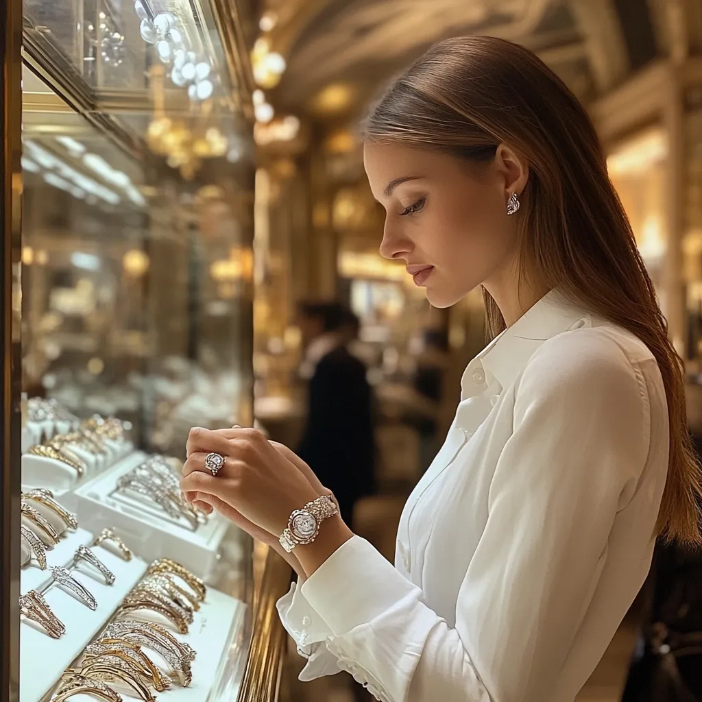 A young woman with long brown hair, wearing a white shirt and diamond earrings, gazes at a display case filled with luxurious jewelry.  She examines a diamond ring and a diamond-encrusted watch, showcasing opulent accessories within a high-end jewelry store. The elegant setting adds to the luxurious atmosphere.