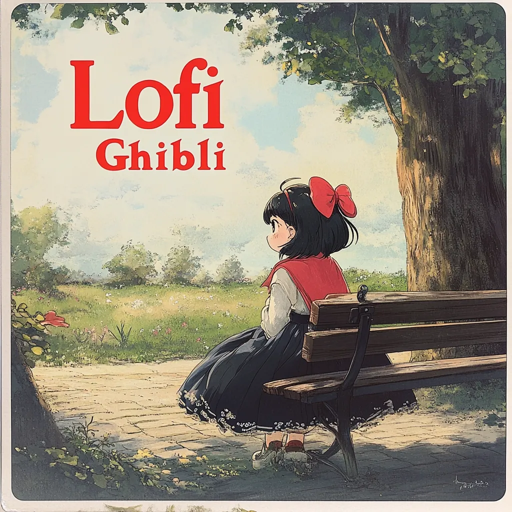 A girl with short black hair and a red bow sits on a park bench, gazing at a tranquil landscape.  The scene is reminiscent of Studio Ghibli animation style. The words "Lofi Ghibli" are prominently displayed, suggesting a blend of low-fi music and the aesthetic of Ghibli films.  The image evokes a sense of peace and nostalgia.  The sunlit park and the girl's contemplative pose contribute to the serene atmosphere.
