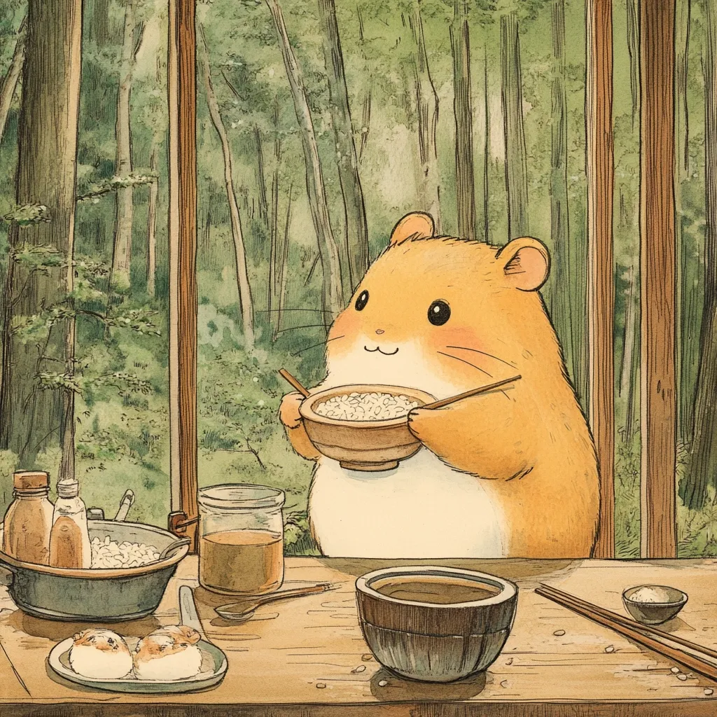 A plump, adorable hamster sits at a wooden table nestled in a forest setting.  It holds a bowl of rice with tiny chopsticks, enjoying its meal.  Other dishes, including a small pan with rice, a glass of liquid, and small buns, are on the table. The scene is peaceful and whimsical, painted in soft, earthy tones.
