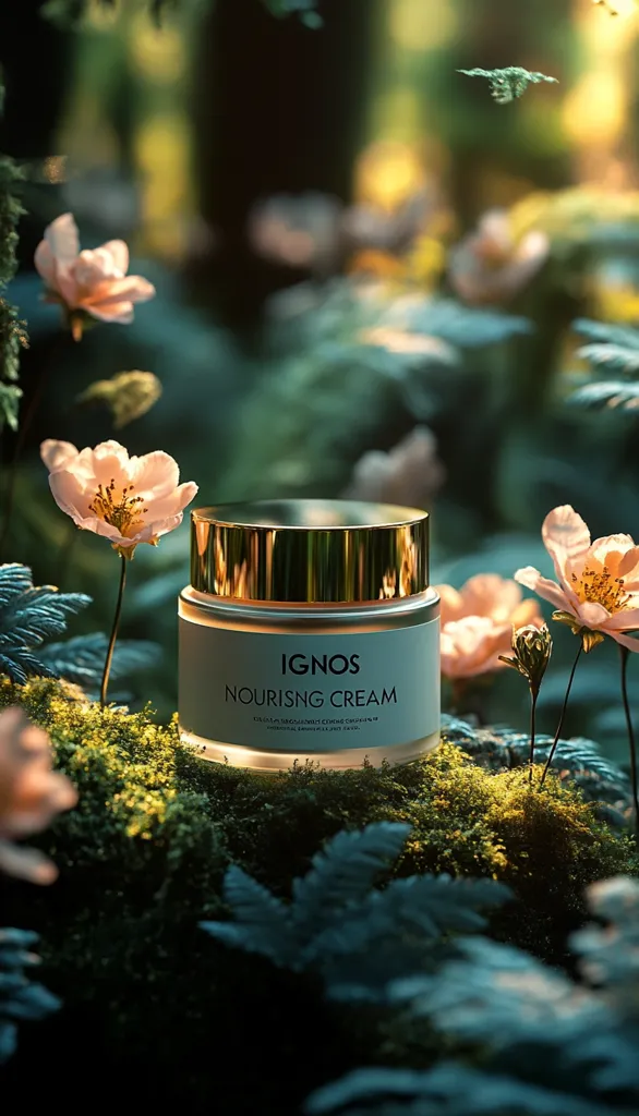 A jar of Ignos Nourishing Cream rests on a bed of moss, surrounded by delicate pink flowers and lush green foliage. The soft, natural light enhances the product's elegant design and creates a serene, ethereal atmosphere. The scene evokes a sense of tranquility and natural beauty, suggesting the cream's connection to nature-derived ingredients. The overall image is visually appealing and emphasizes the product's luxurious and calming qualities.