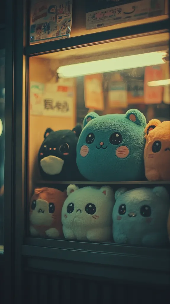A dimly lit display case showcases a collection of adorable plush toys.  Various pastel-colored animals with large, expressive eyes are arranged on shelves. The case is situated in what appears to be a Japanese storefront, with signage visible above. The soft lighting and the cute stuffed animals create a charming and nostalgic atmosphere.