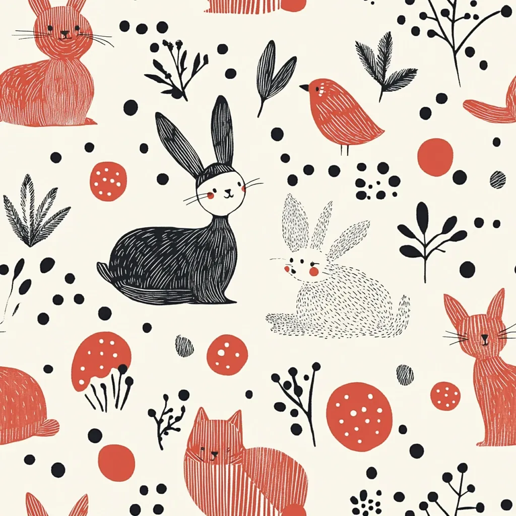 A whimsical seamless pattern features stylized bunnies in black, white, and red, alongside similarly styled cats and a bird.  Simple flora and red circular shapes fill the cream-colored background, creating a playful and charming design. The hand-drawn aesthetic adds to the overall cute and slightly rustic feel.