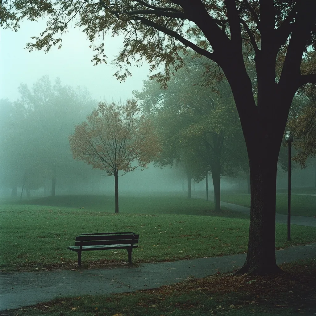 A lone park bench sits on a paved path in a misty park.  Tall trees, shrouded in fog, create a serene and slightly melancholic atmosphere.  Autumnal hues are visible on some of the leaves, hinting at the changing season. The scene is peaceful and quiet, with a sense of solitude. A lamppost stands in the distance, adding a touch of urbanity to the otherwise natural setting.
