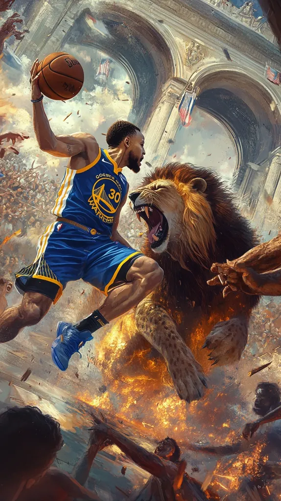 A dynamic illustration depicts Stephen Curry, in a Golden State Warriors jersey, mid-air with a basketball. He's engaged in a fierce confrontation with a roaring lion amidst a fiery, chaotic battlefield.  Ancient Roman-style architecture forms a dramatic backdrop, suggesting a clash of eras and power. The scene is infused with action and intensity, highlighting a powerful, symbolic struggle.