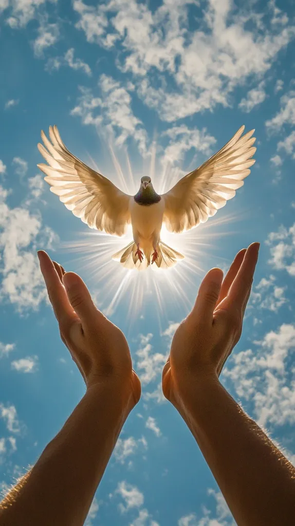 A white dove soars against a vibrant blue sky filled with fluffy clouds.  Sunlight bursts behind the bird, creating a radiant halo.  Two outstretched hands reach upward, as if to receive or greet the dove, symbolizing peace, hope, or spiritual connection. The scene evokes feelings of serenity and tranquility.