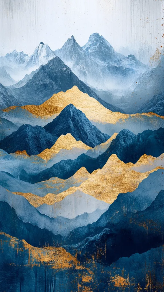 An abstract landscape painting depicts a majestic mountain range.  Deep blues and cool grays create a sense of depth and mist, while accents of gold leaf add luminosity and texture. The layered mountains suggest a sense of vastness and tranquility.  The overall effect is one of serene beauty and subtle elegance.