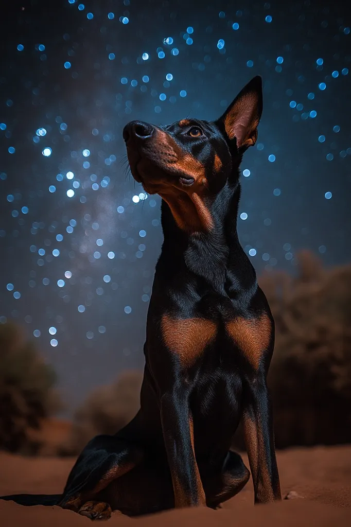A Doberman Pinscher sits in the sand under a breathtaking night sky filled with sparkling stars.  The dog gazes upward, its dark coat contrasting sharply with the bright celestial background. The scene is serene and evokes a sense of wonder and tranquility. The dog's posture is alert and dignified, adding to the image's overall captivating effect.