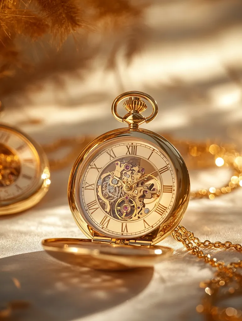 A gold pocket watch with a visible, intricate mechanism rests open on a soft, light-colored surface.  Its Roman numeral face and delicate chain gleam in warm, soft light.  Another partially visible pocket watch lies nearby, suggesting a collection or a paired set. The overall image evokes a sense of elegance and nostalgia.