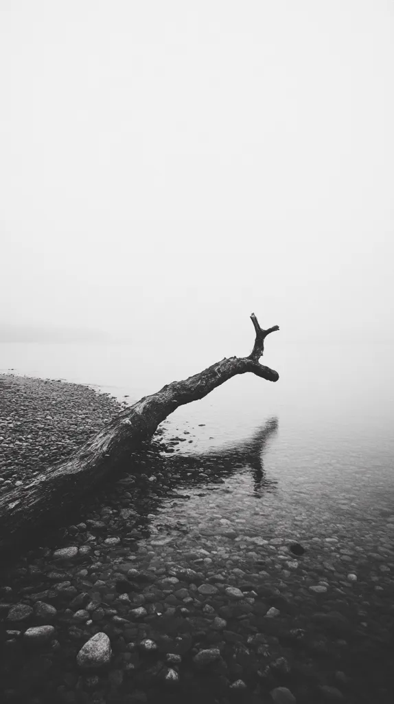 A grayscale photograph captures a weathered tree trunk partially submerged in calm water. The trunk, with its gnarled branches reaching upwards, rests on a rocky shoreline.  A misty fog hangs in the air, creating a serene and somewhat melancholic atmosphere. The water is clear enough to reveal the rocks beneath the surface, mirroring the tree trunk's silhouette.  The overall scene is minimalist and evocative.