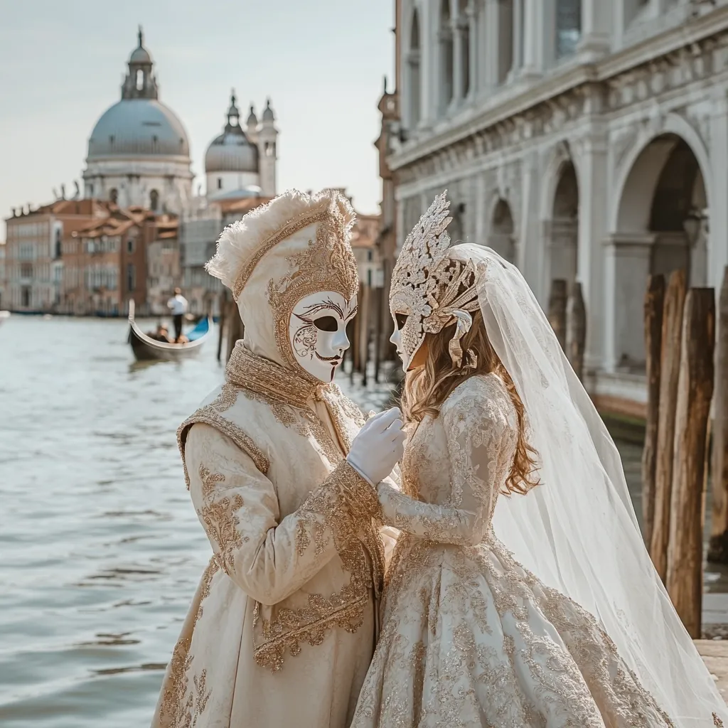 A romantic couple, adorned in elegant Venetian masquerade attire, stands by a canal.  The bride wears a long, lace wedding gown and a delicate mask, while the groom is in a lavish, gold-trimmed costume and a classic Venetian mask.  The backdrop features the iconic architecture of Venice, including the Basilica di Santa Maria della Salute, creating a picturesque setting.  Their gentle embrace evokes a sense of mystery and timeless romance.