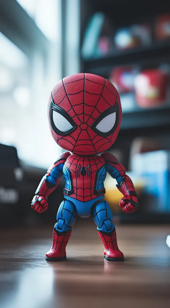 A close-up shot of a Spider-Man collectible figure.  The figure is chibi-style, with a large head and small body, showcasing a detailed red and blue suit.  It stands on a wooden surface, with a blurred background hinting at a shelf filled with other items. The figure's pose is dynamic, suggesting action and readiness.  The lighting highlights the figure's texture and colors, making it the clear focal point.