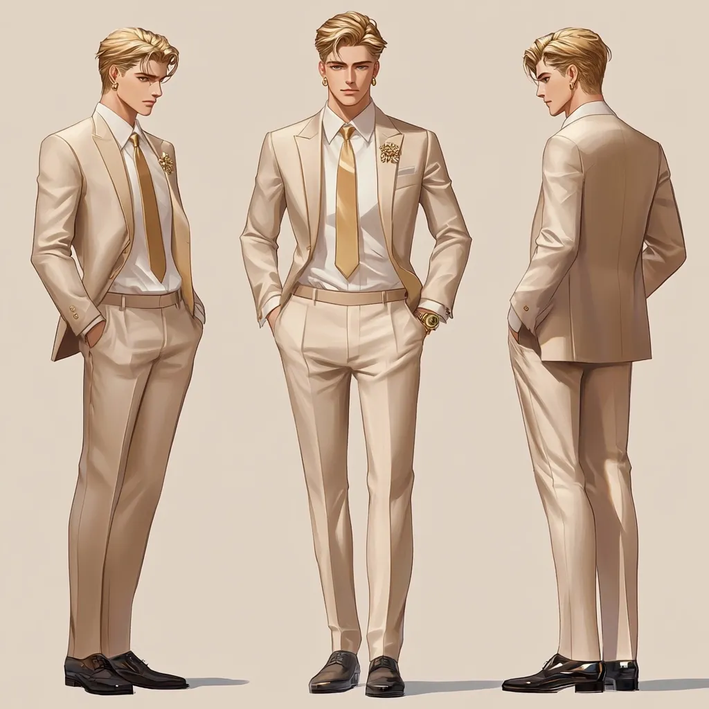 A stylish illustration showcases a male character in a light beige suit from three different angles.  He sports blond hair, gold accessories, including a watch and lapel pin, and a gold tie. The clean lines and subtle shading highlight the elegant tailoring of the suit and the character's sophisticated appearance. The artwork's style is reminiscent of fashion illustration or character design for a visual novel or game.