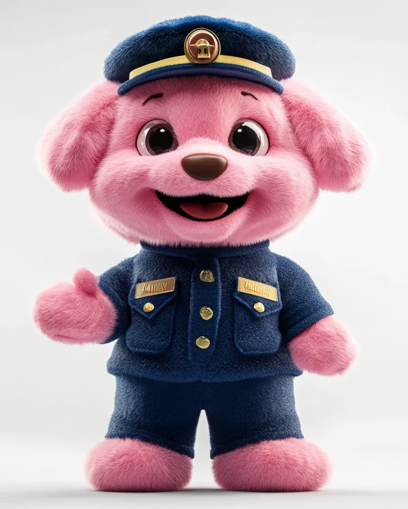 A pink plush dog, designed to resemble a police officer, stands against a white background.  The dog wears a dark blue uniform with gold name tags, a matching cap with a gold emblem, and has large, expressive eyes.  Its happy expression and soft fur give it a friendly and approachable appearance.