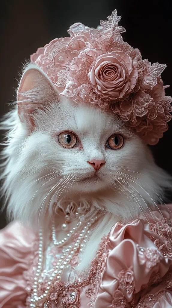A fluffy white Persian cat is elegantly dressed in a blush pink gown adorned with delicate lace and pearls.  A matching floral headpiece completes the ensemble, enhancing the cat's regal appearance.  Its expressive amber eyes gaze directly at the viewer, creating a captivating portrait. The soft lighting and dark background emphasize the cat's luxurious attire and fur.