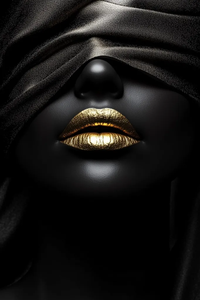 Close-up of a dark-skinned woman's face, her eyes covered by a black fabric.  Her full lips are painted a striking gold, creating a dramatic contrast against her dark complexion. The image is moody and stylized, with a focus on texture and color. The overall effect is one of mystery and elegance.