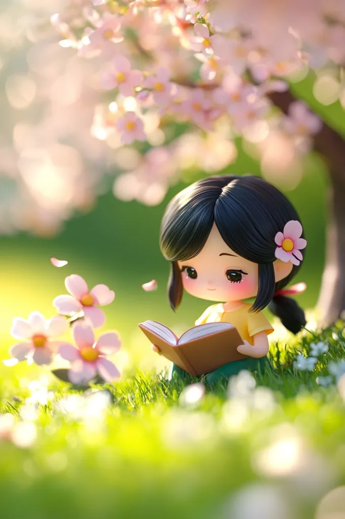 A charming illustration depicts a cute chibi girl engrossed in reading a book. She sits amidst a vibrant green lawn, adorned with delicate pink flowers, under a blossoming cherry tree. Sunlight filters through the branches, casting a warm glow on the scene.  The overall aesthetic is peaceful and idyllic, evoking a sense of springtime tranquility.