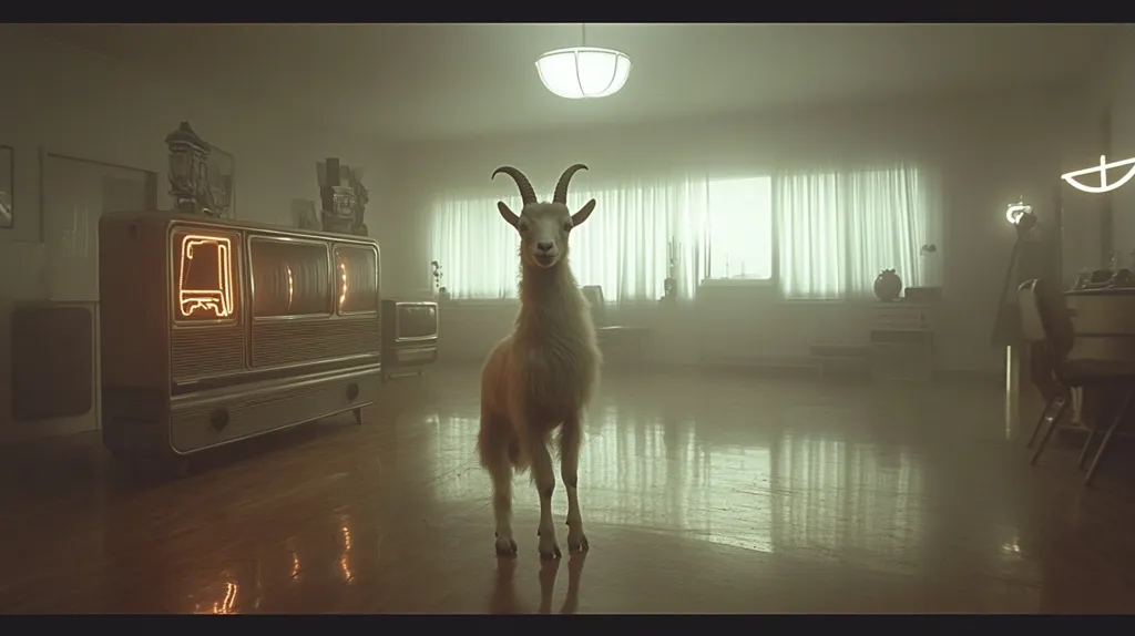 A white goat stands in the center of a dimly lit, vintage-style living room.  The room features a large, old television set, mid-century modern furniture, and sheer curtains at the window.  A hazy atmosphere permeates the scene, creating a surreal and slightly unsettling mood. The goat looks directly at the viewer.