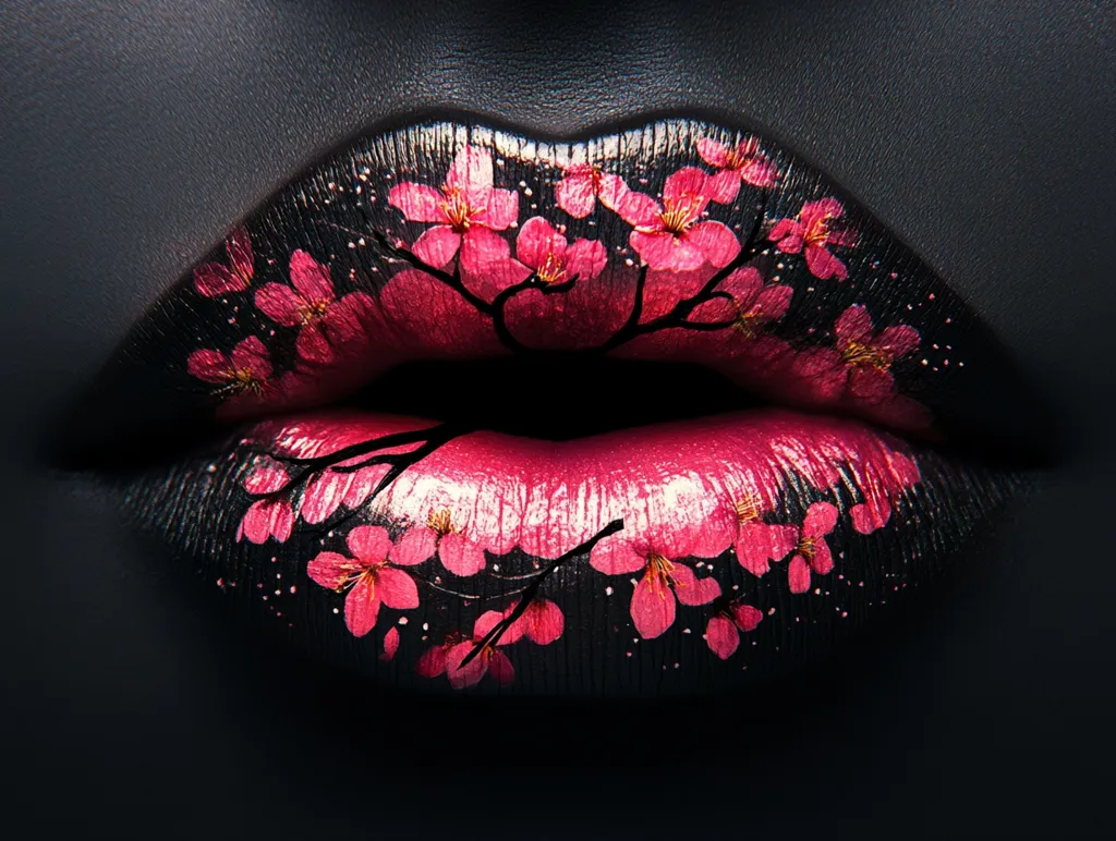 Close-up of a dark-skinned person's lips artfully painted.  The lips are a deep red, adorned with a black base and delicate pink cherry blossoms forming a stylized branch.  The contrast between the dark background and vibrant flowers creates a dramatic and visually striking image. The makeup showcases intricate detail and skillful application.